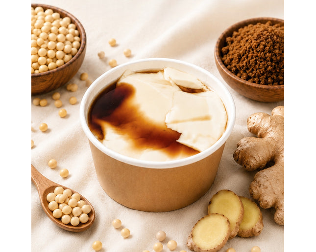 Warm silken tofu with ginger infused brown sugar syrup