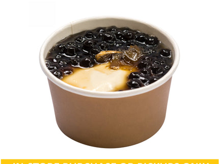 Warm silken tofu with ginger infused brown sugar syrup + boba