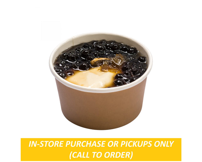 Warm silken tofu with ginger infused brown sugar syrup + boba